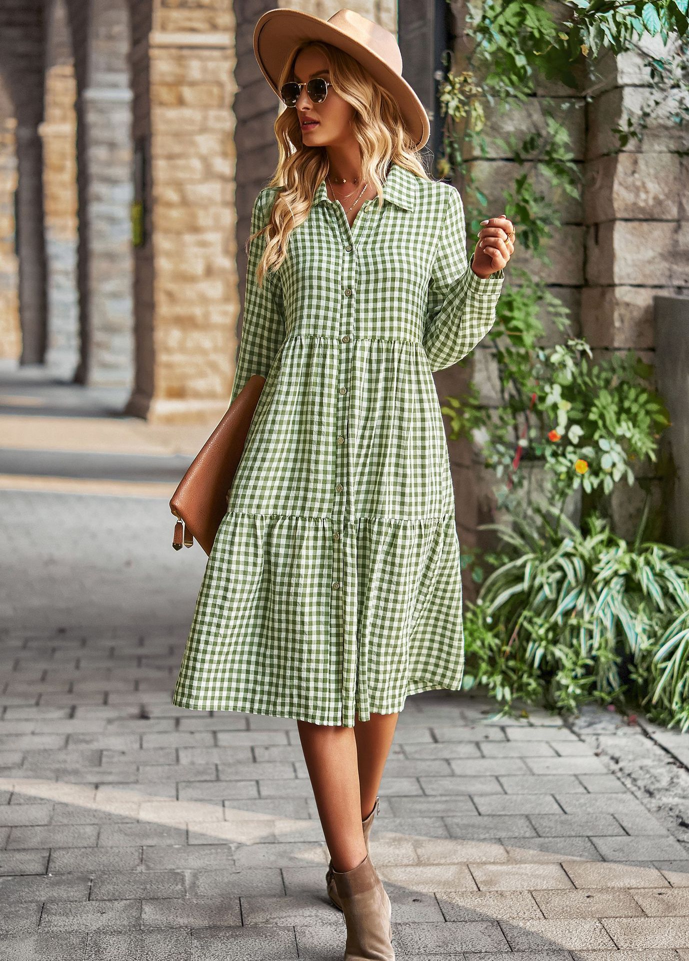 Wide Hem Long Sleeve Dress Plaid Casual Dress