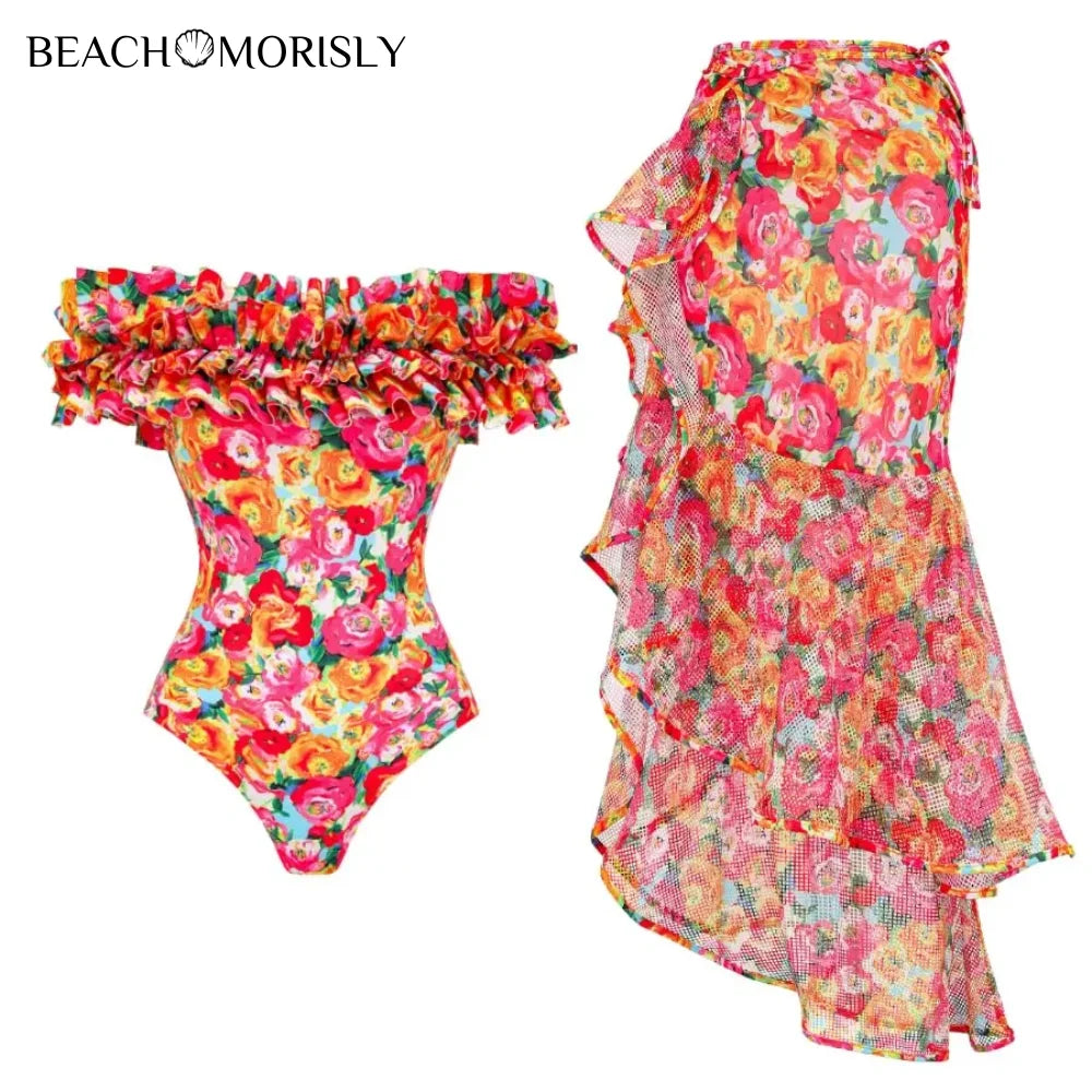 2024 Women's swimsuit Vintage Off Shoulder Printed Onepiece  bikini set Swimsuit Sarong  Summer Swimwear Beachwear Bathing suit