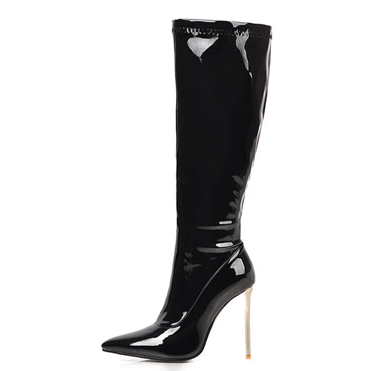 Women High Boots Sexy Zipper Black Red White Knee High Boot Sexy Heels Patent Women's Autumn Winter Dance Shoes Large Size 45 48