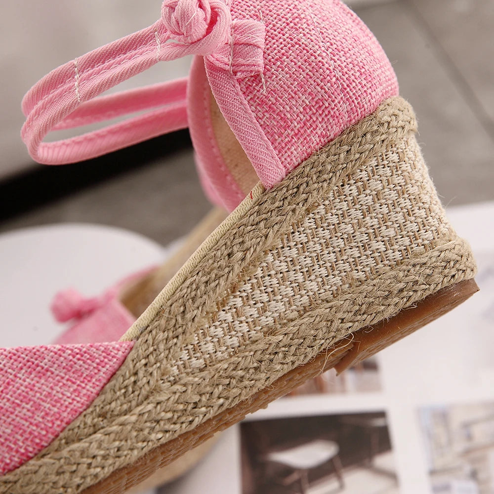 Veowalk Vintage Women Sandals Casual Linen Canvas Wedge Sandials Summer Ankle Strap 6cm Med Heel Platform Pump Espadrilles Shoes