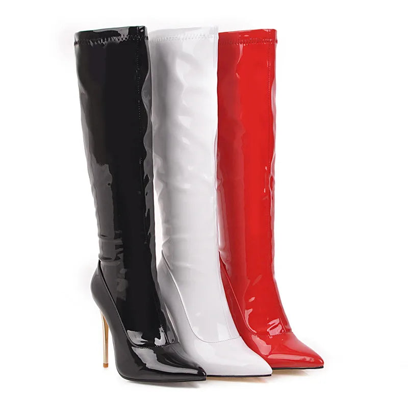 Women High Boots Sexy Zipper Black Red White Knee High Boot Sexy Heels Patent Women's Autumn Winter Dance Shoes Large Size 45 48