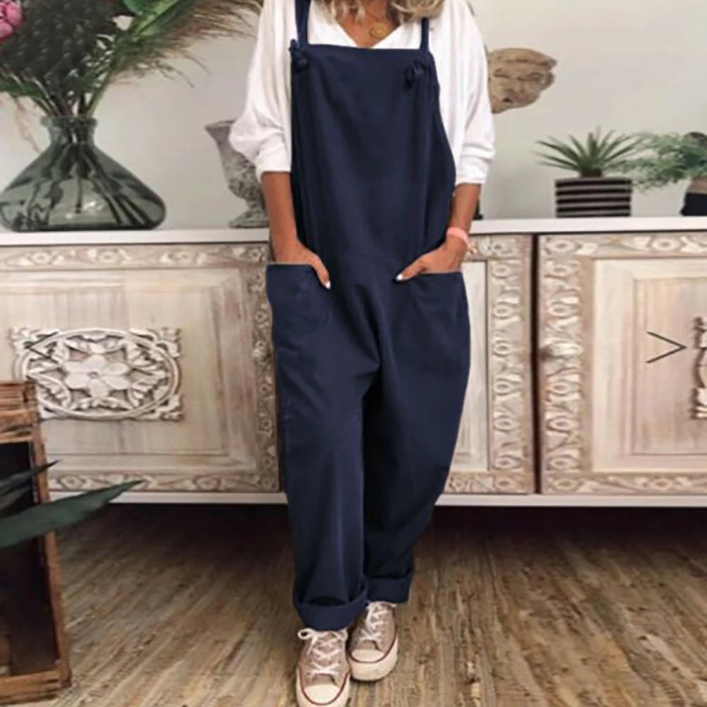 2020 Women Casual Solid Strappy Dungarees Vintage Cotton Linen Loose Party Long Harem Overalls Rompers Jumpsuits