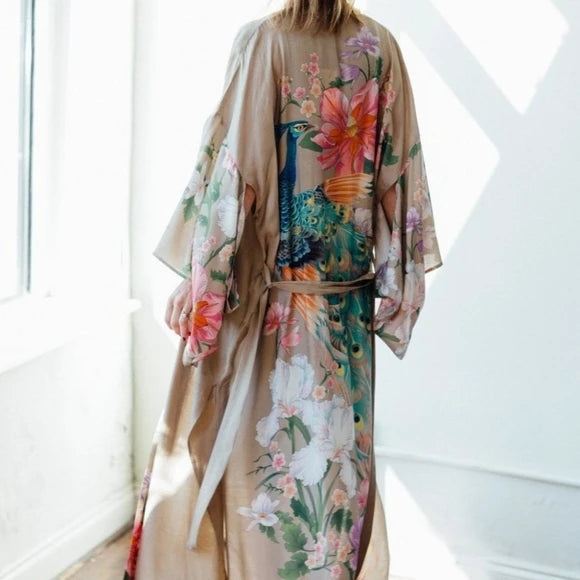 Super Chic long blouse women summer Kimono robe Kaftan Floral print peacock Boho kimono cardigan Side Slits long women blouses