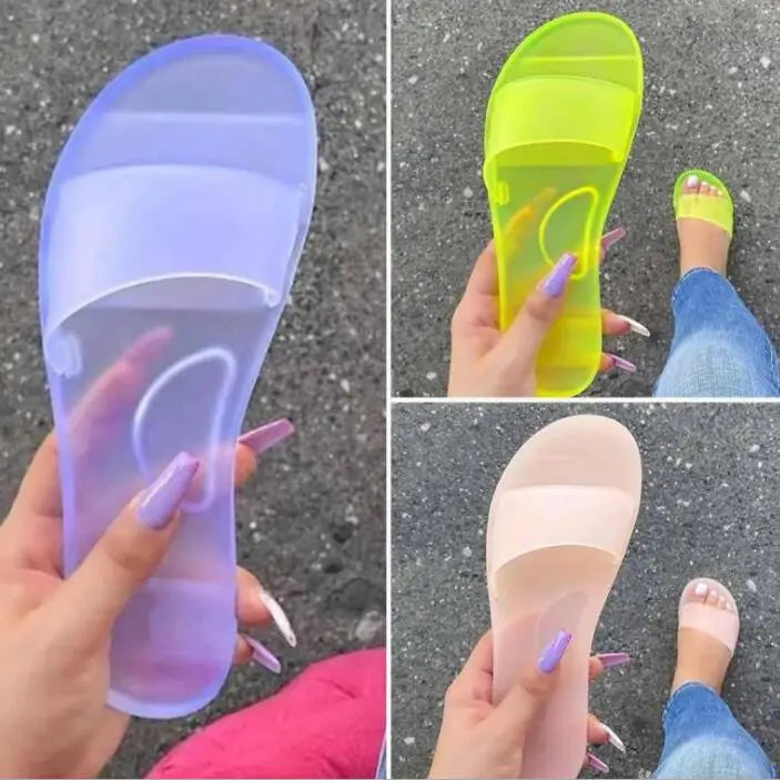 2024 summer women new plus size bottom beach shoes ladies one-word sandals casual transparent jelly color flat slipper