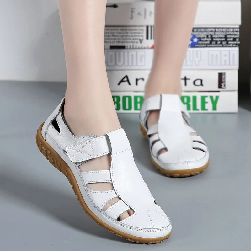 Women Gladiator Sandals Split Leather Summer Shoes Woman Hollow Out Flat Sandals Ladies Casual Soft Bottom Female Beach Sandal