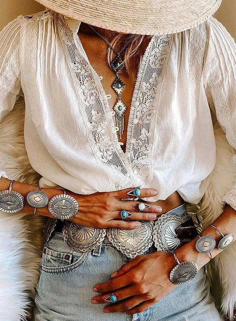 BOHO INSPIRED blouse white cotton lace floral embroidery women's shirt loose boho style v-neck long sleeve tunic sexy tops