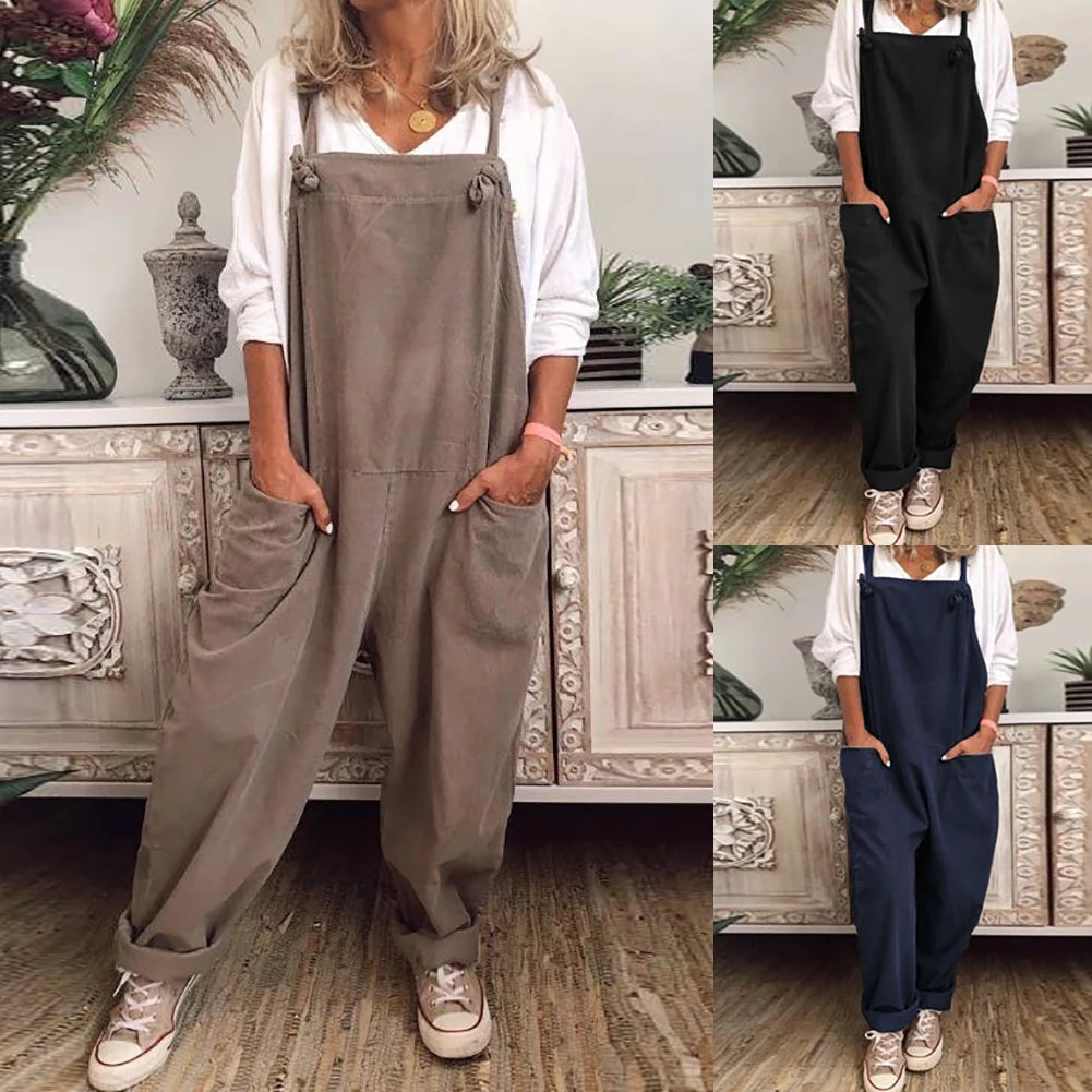 2020 Women Casual Solid Strappy Dungarees Vintage Cotton Linen Loose Party Long Harem Overalls Rompers Jumpsuits