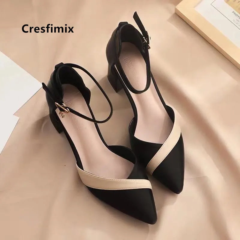 Cresfimix Women Classic Beige Square Heel Shoes for Party Ladies Classic Black Pu Leather Night Club Pumps Sapato Feminino C5762