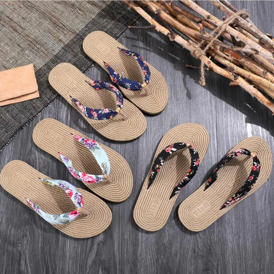 Women Shoes Summer Floral Flip Flops Beach Sandals Anti-slip Thongs Slippers