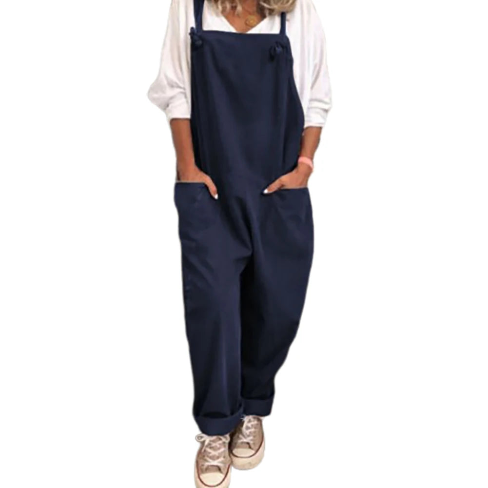 2020 Women Casual Solid Strappy Dungarees Vintage Cotton Linen Loose Party Long Harem Overalls Rompers Jumpsuits