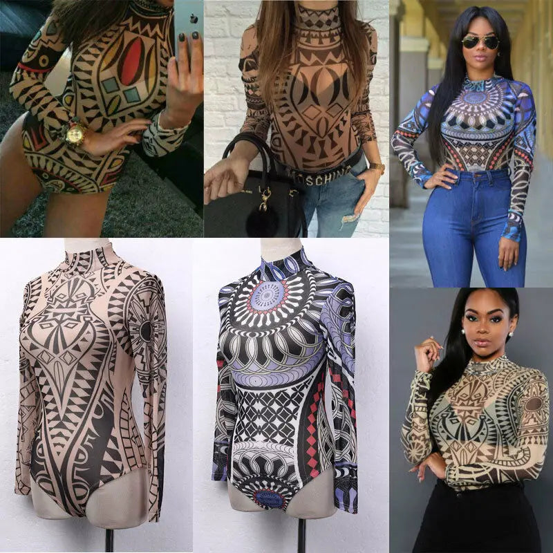 Women Gothic Tattoo Tribal Print Stretchy Skinny Bodysuit Sexy See-Through Mesh Sheer Long Sleeve Top Pullovers Clubwear Bodycon