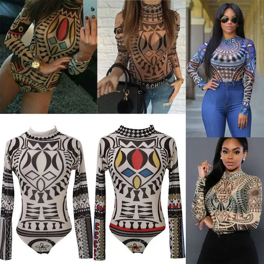 Women Gothic Tattoo Tribal Print Stretchy Skinny Bodysuit Sexy See-Through Mesh Sheer Long Sleeve Top Pullovers Clubwear Bodycon