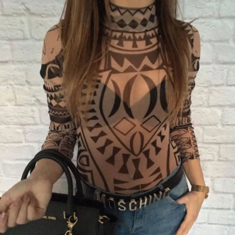 Women Gothic Tattoo Tribal Print Stretchy Skinny Bodysuit Sexy See-Through Mesh Sheer Long Sleeve Top Pullovers Clubwear Bodycon