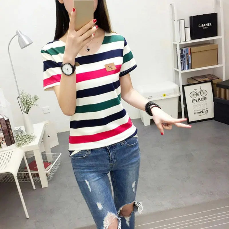 Women's Striped Print Short Sleeve Female Casual T-Shirt Girl Shirts  Arrival