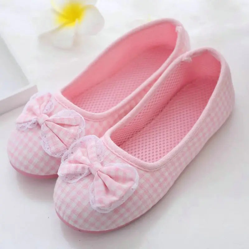 Cartoon Lattice Bow Cotton Slippers  Home For Womens Indoor Bedroom House Lili Female Shoes Pink/Gray