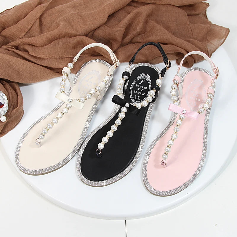 Women sandals 2024 new summer shoes flat pearl sandals comfortable string bead beach slippers casual sandals pink white black