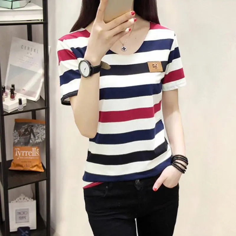 Women's Striped Print Short Sleeve Female Casual T-Shirt Girl Shirts  Arrival