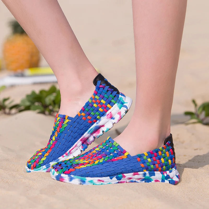 Women Shoes Summer Flats Female Loafers Women Casual Flat Woven Shoe Breathable Sneakers Slip On Colorful Mujer Plus Size 41