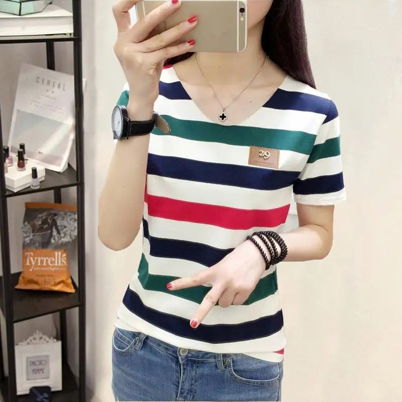 Women's Striped Print Short Sleeve Female Casual T-Shirt Girl Shirts  Arrival