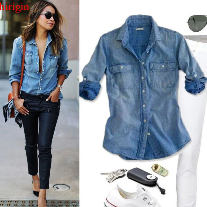 women fashion blue denim shirts women girls autumn casual long sleeve solid blue two pockets cotton blend tops