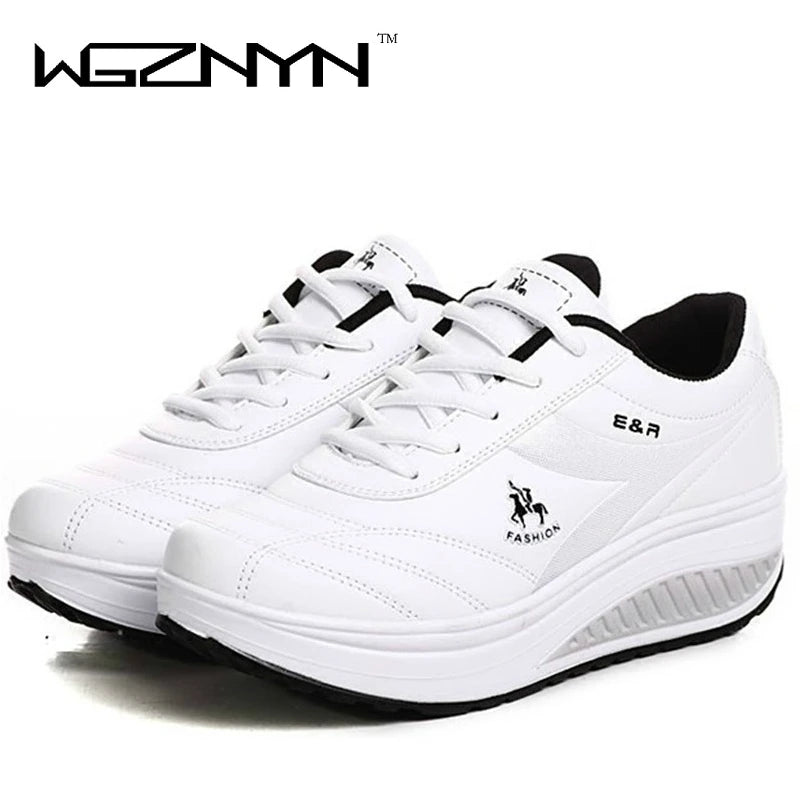 WGZNYN 2023 Platform Sport Shoes for Women Sneakers Pu Leather Breathable Comfortable Fashion Womens Walking Casual Shoes