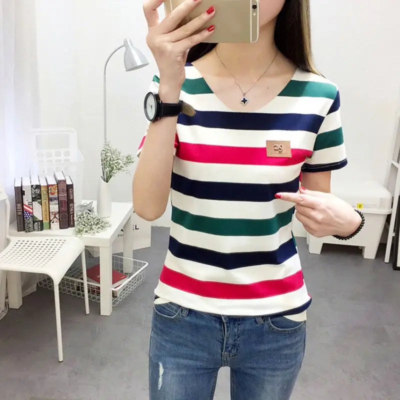 Women's Striped Print Short Sleeve Female Casual T-Shirt Girl Shirts  Arrival