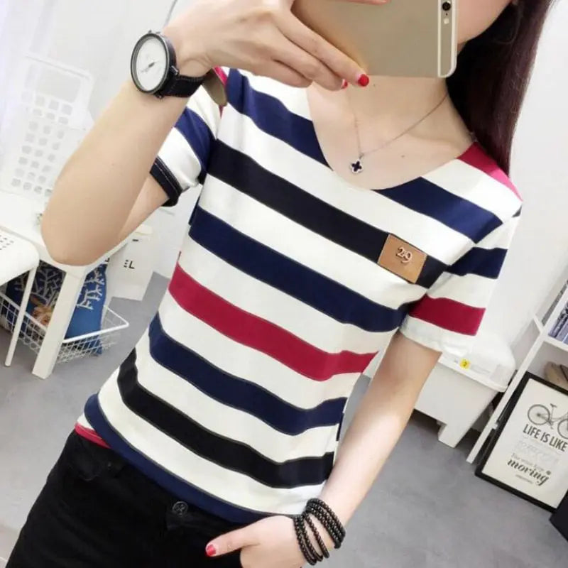 Women's Striped Print Short Sleeve Female Casual T-Shirt Girl Shirts  Arrival