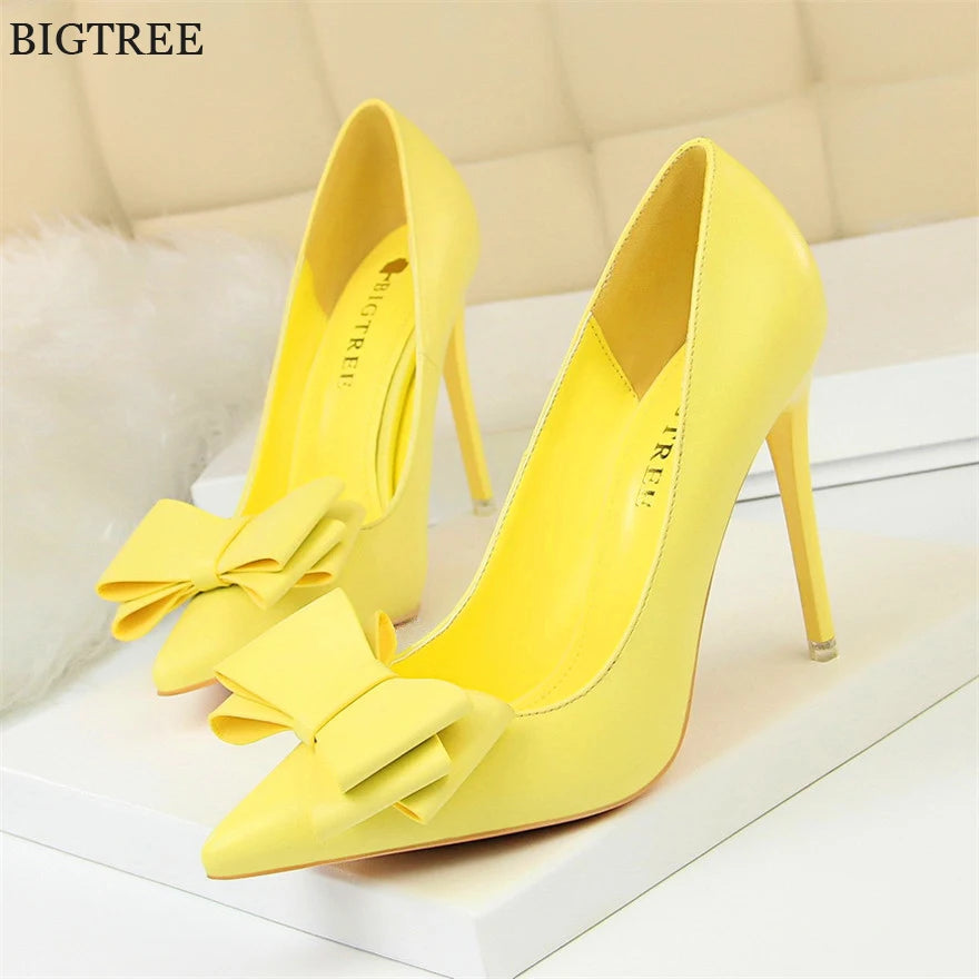 BIGTREE Red Blue Black Shoes Bowknot Sweet Woman Pumps Soft Leather Pointy Toe Women High Heels Stiletto Dress Office Lady Shoes