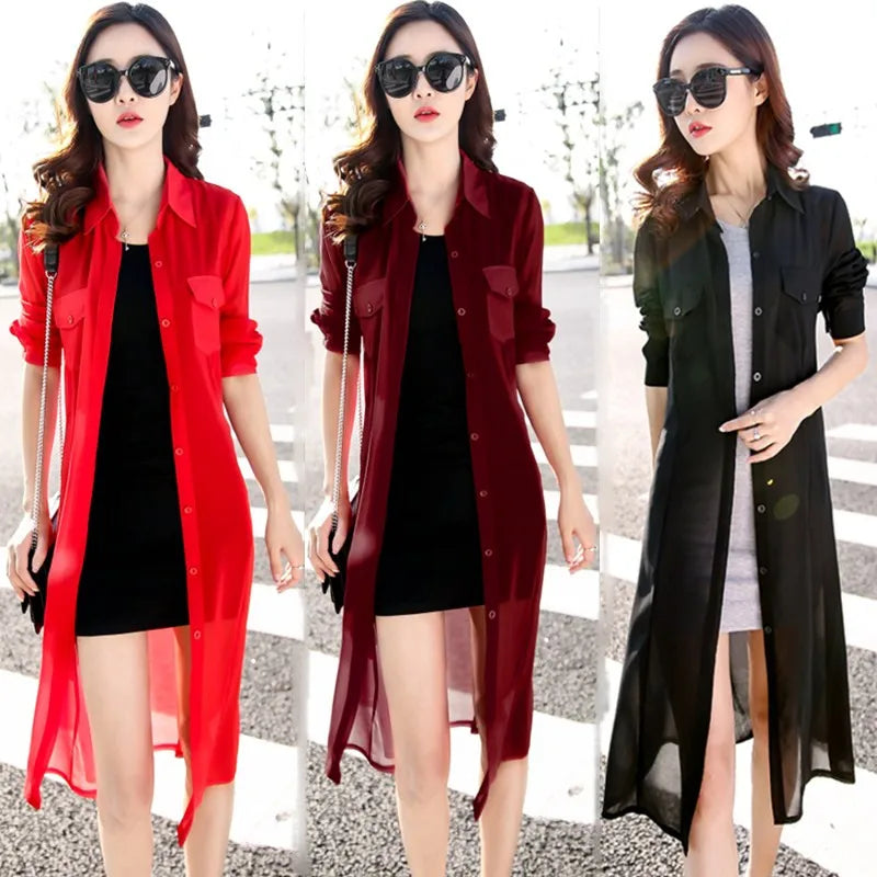 TingYiLi Black White Red Green Long Cardigan Female Long Sleeve Summer Cardigan Casual Shirt Women