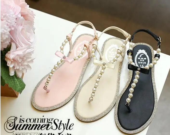 Women sandals 2024 new summer shoes flat pearl sandals comfortable string bead beach slippers casual sandals pink white black