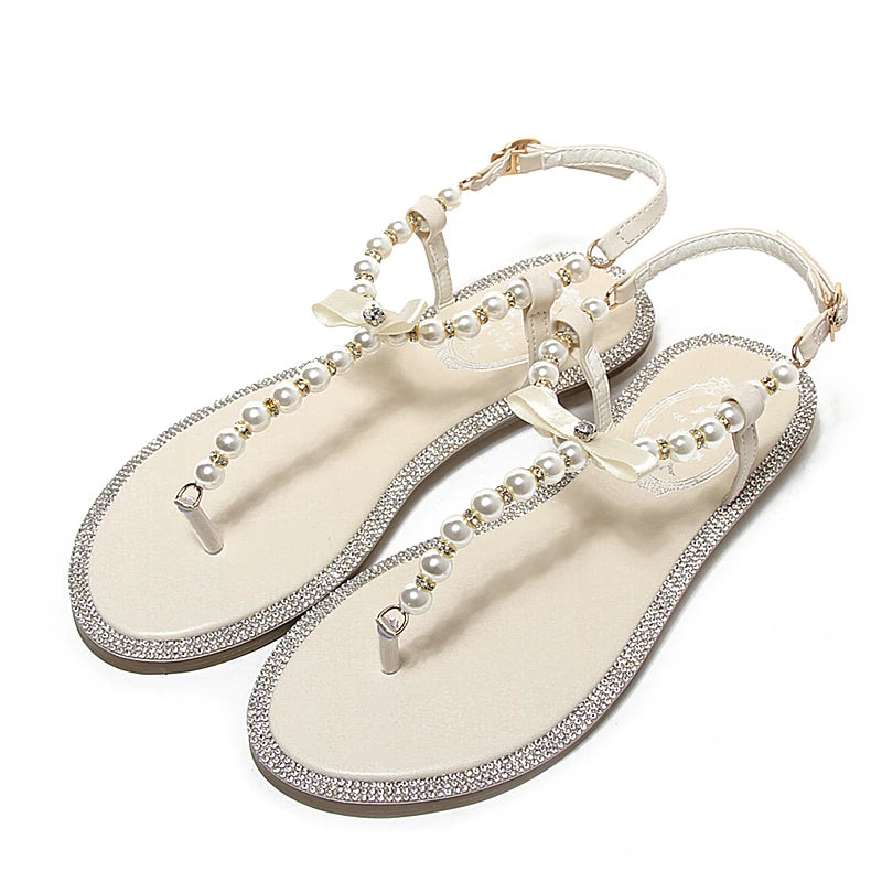 Women sandals 2024 new summer shoes flat pearl sandals comfortable string bead beach slippers casual sandals pink white black