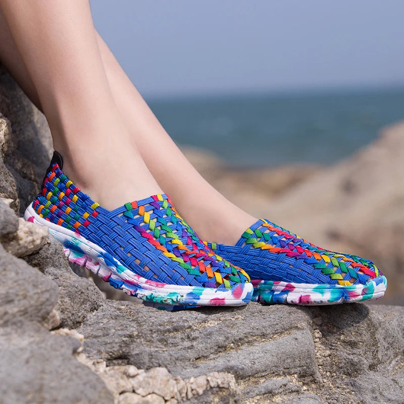 Women Shoes Summer Flats Female Loafers Women Casual Flat Woven Shoe Breathable Sneakers Slip On Colorful Mujer Plus Size 41