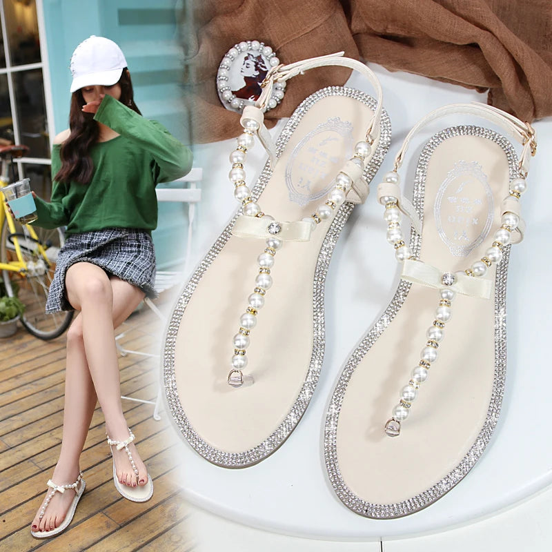 Women sandals 2024 new summer shoes flat pearl sandals comfortable string bead beach slippers casual sandals pink white black