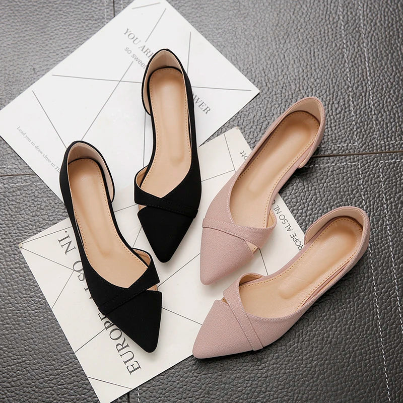 Women Flats Pink Black Pure Color Plus Small Size 33 34 Large 41 42 43 44 Suede Leather Pointed Toe Office Lady Flat Heel Shoes