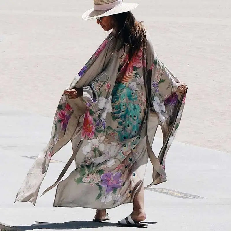 Super Chic long blouse women summer Kimono robe Kaftan Floral print peacock Boho kimono cardigan Side Slits long women blouses