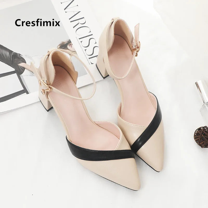 Cresfimix Women Classic Beige Square Heel Shoes for Party Ladies Classic Black Pu Leather Night Club Pumps Sapato Feminino C5762