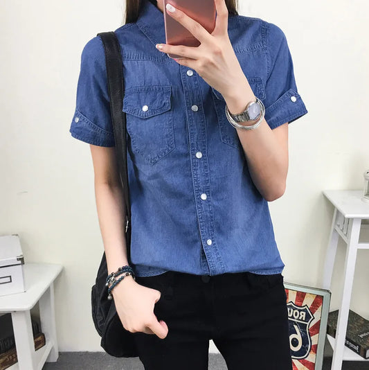 #0138 2023 Summer Cotton Denim Shirt Women Short Sleeve Slim Fit Preppy Style Casual Jeans Shirt Ladies Basic Blouse Shirt Slim