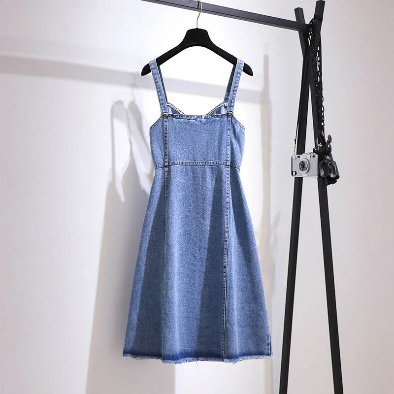 150Kg Plus Size Women's Summer Button Denim Straps Dress Bust 150cm 5XL 6XL 7XL 8XL 9XL Lloose Temperament Suspender Dress Blue