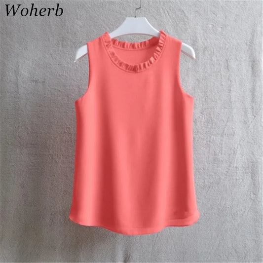 Woherb 21 Colors Solid Ruffle Chiffon Blouse Women 2024 Summer Fashion Vest Blusas Casual Loose Sleeveless Ladies Tops Shirt