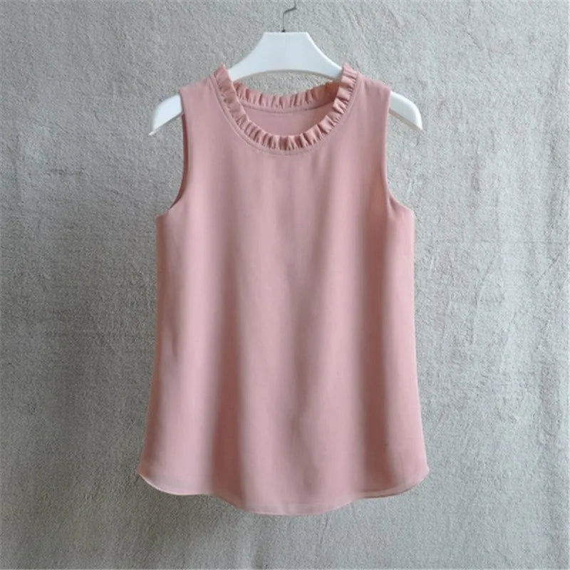 Woherb 21 Colors Solid Ruffle Chiffon Blouse Women 2024 Summer Fashion Vest Blusas Casual Loose Sleeveless Ladies Tops Shirt