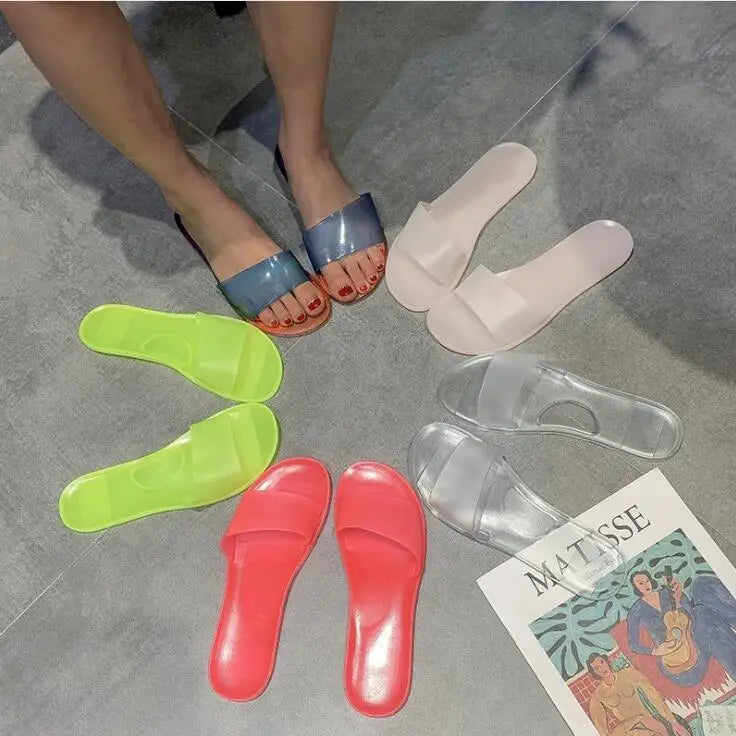 2024 summer women new plus size bottom beach shoes ladies one-word sandals casual transparent jelly color flat slipper