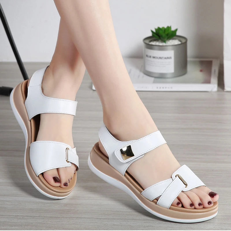 WOIZGIC Women Female Ladies Mother Genuine Leather Shoes Sandals Flats Soft Hook Loop Korean Bling Summer Beach Size 35-40