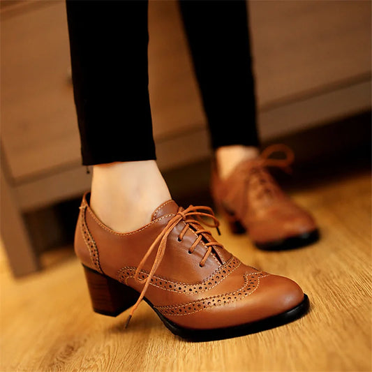 2023 British Retro Oxford Shoes Women Pointed Toe Casual Thick Medium Heel Leather Shoes Woman Lace Up Flats Zapato Size 34-43