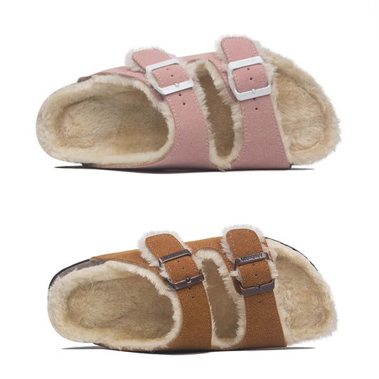 44 45 big size wool fur cork slippers women double buckle band long plush winter slides furry outdoor footwear flip flops women