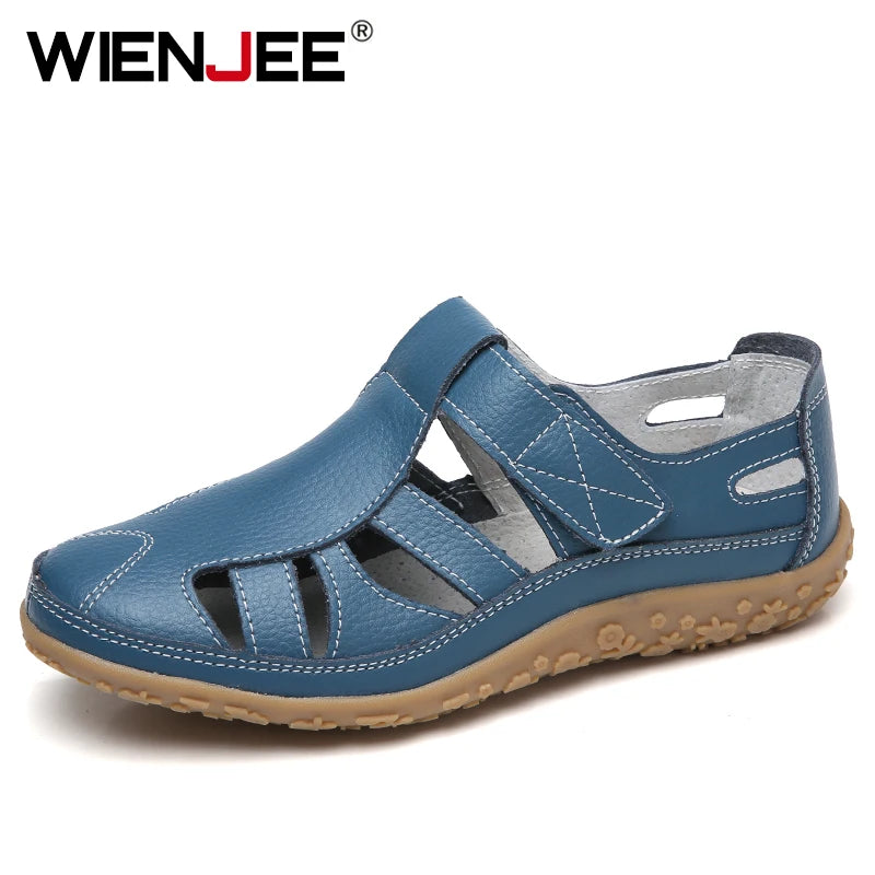 Women Gladiator Sandals Split Leather Summer Shoes Woman Hollow Out Flat Sandals Ladies Casual Soft Bottom Female Beach Sandal