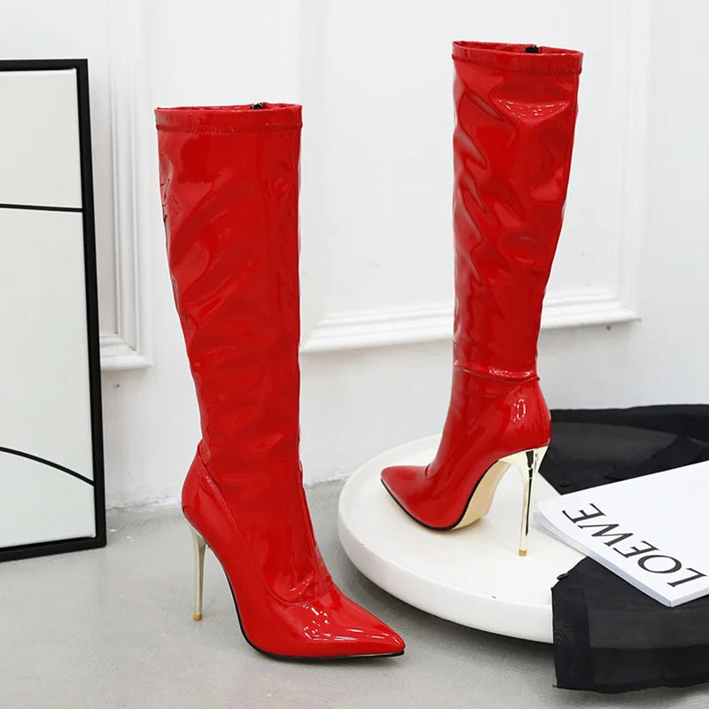 Women High Boots Sexy Zipper Black Red White Knee High Boot Sexy Heels Patent Women's Autumn Winter Dance Shoes Large Size 45 48