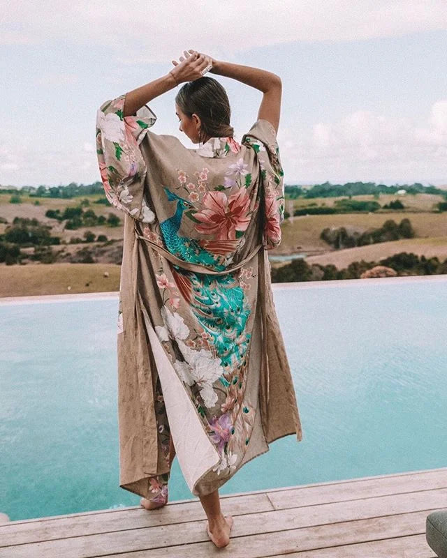 Super Chic long blouse women summer Kimono robe Kaftan Floral print peacock Boho kimono cardigan Side Slits long women blouses