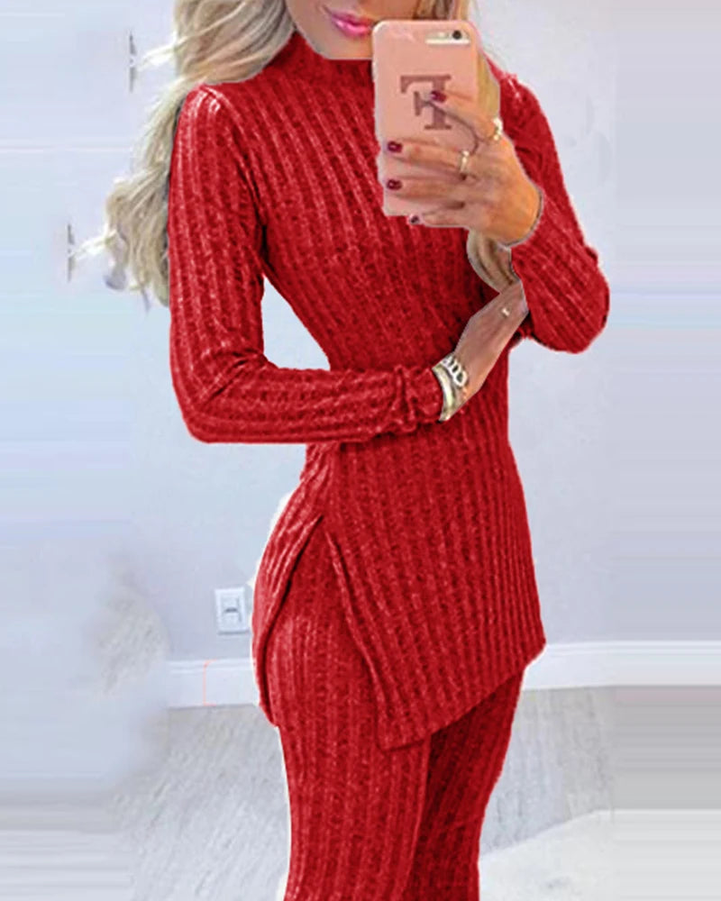 2021 Fall Winter Knitted 2 Piece Suits Women Long Sleeve Ribbed Slit Long Top and High Waist Pencil Pants Set Fashion Outfit