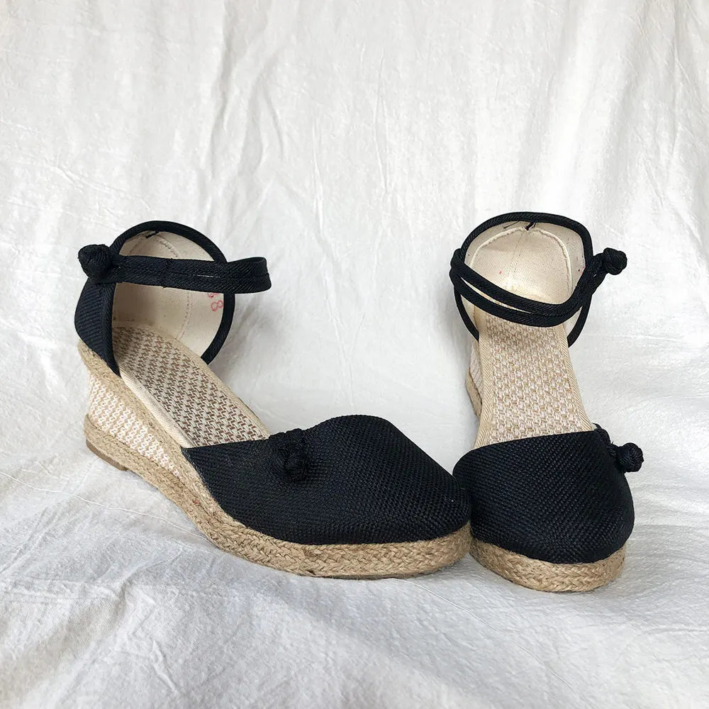 Veowalk Vintage Women Sandals Casual Linen Canvas Wedge Sandials Summer Ankle Strap 6cm Med Heel Platform Pump Espadrilles Shoes