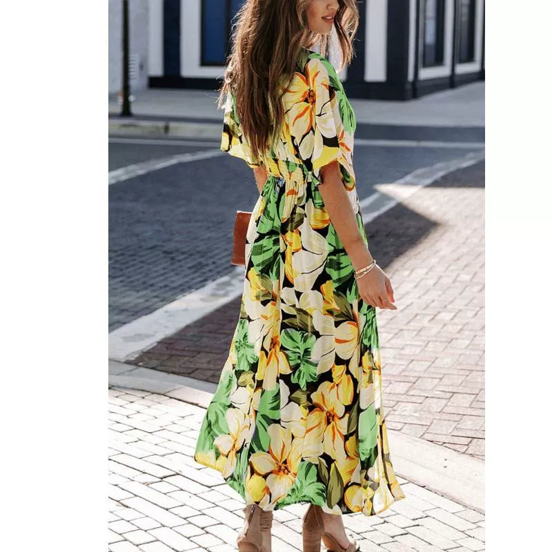 Bohemia Sexy Deep Collar Floral Tight Waist Split Batwing Sleeve Mid Length Long Length Dress Sanya Seaside Beach Skirt